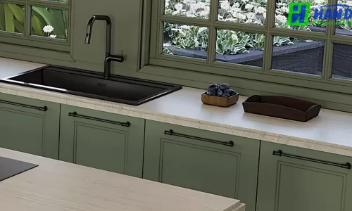 Thi công tủ bếp tối giản kết hợp bàn đảo
