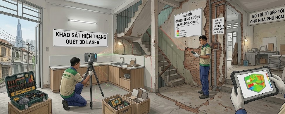 Khảo sát hiện trạng bằng máy định vị Laser chuyên dụng HanDi