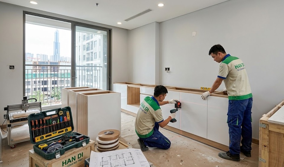 Lắp đặt thùng mộc tủ bếp Acrylic tại công trình nhà khách hàng