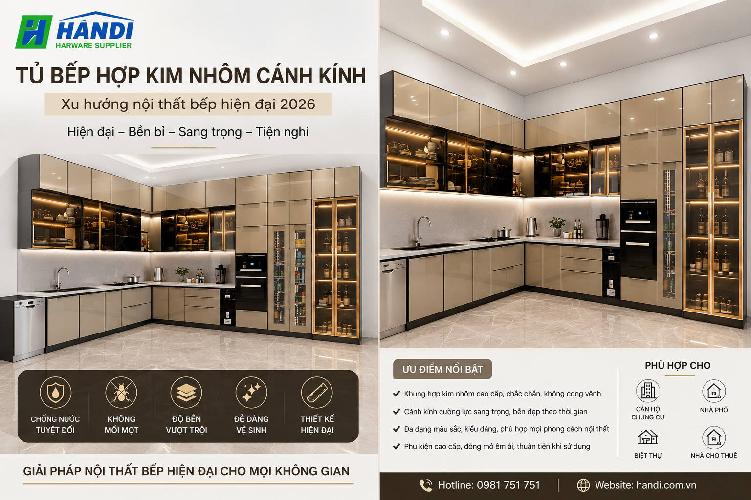 Tủ Bếp Hợp Kim Nhôm Cánh Kính – Xu Hướng Nội Thất Bếp Hiện Đại 2026