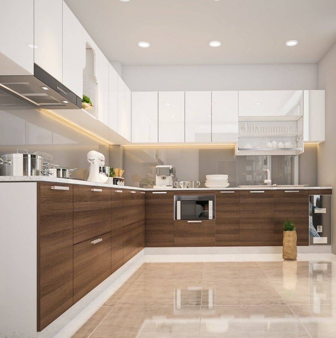Ý tưởng thiết kế tủ bếp chữ L phong cách tối giản thanh lịch cho nhà phố