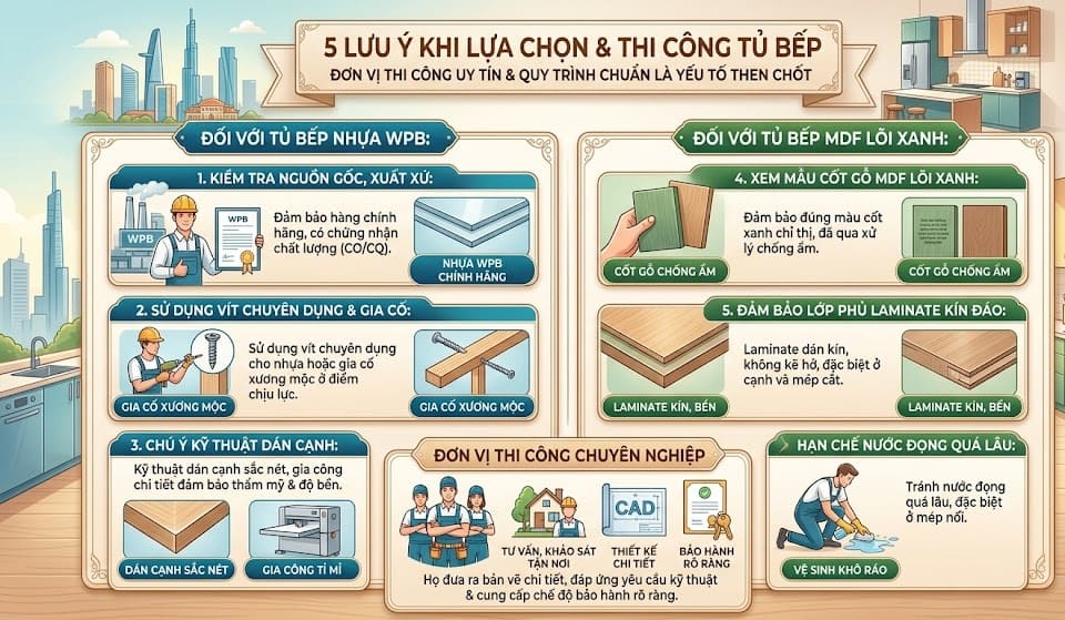 Lưu ý khi lựa chọn và thi công tủ bếp