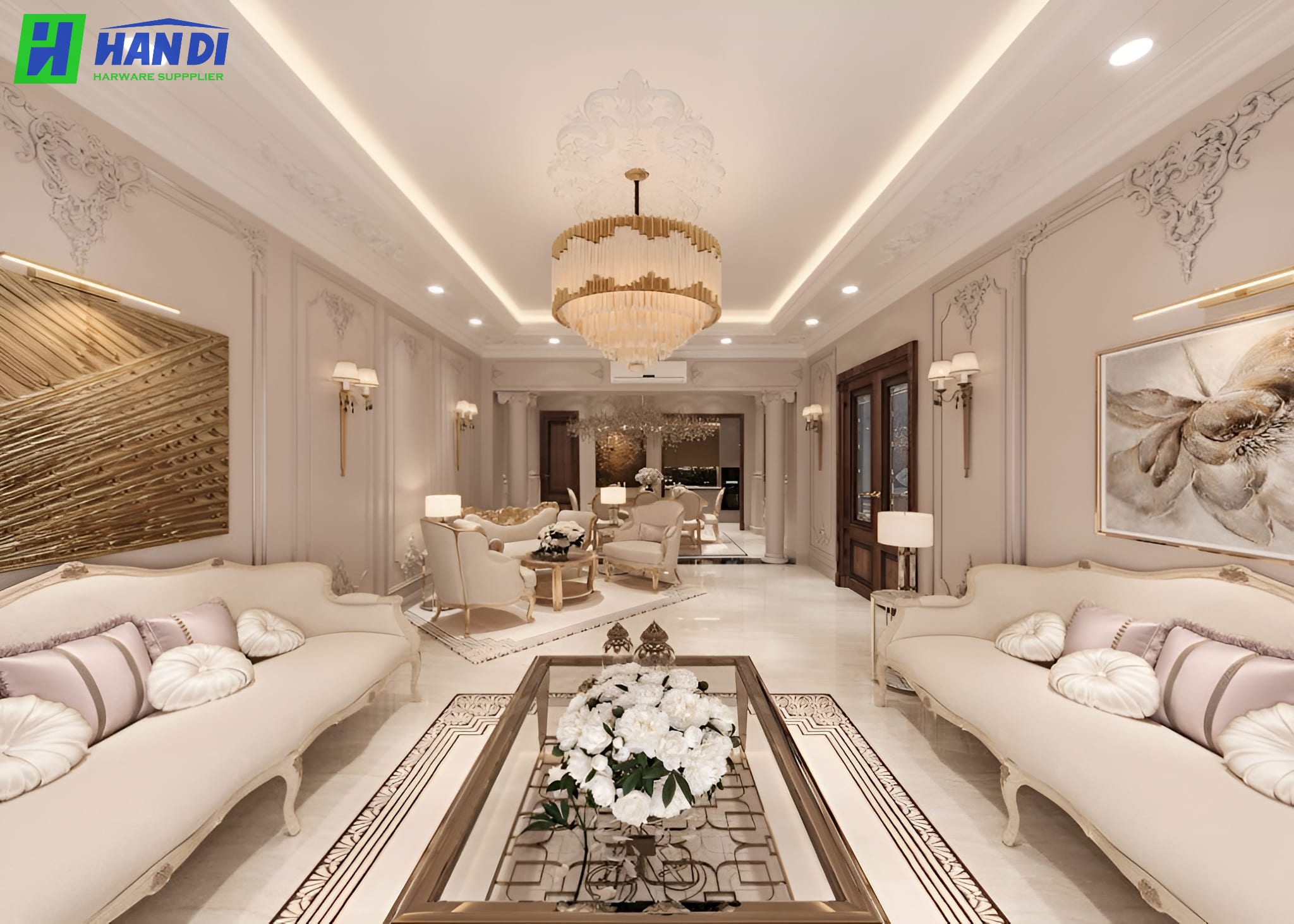 Thiết kế nội thất phòng khách biệt thự Quận 3 phong cách Tân cổ điển hoàng gia sang trọng từ Cung ứng Nội thất Hân Di.