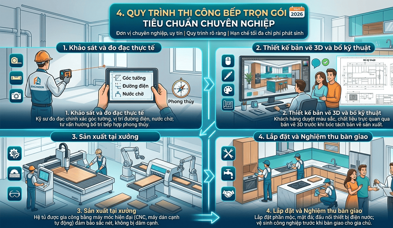 Quy trình thi công bếp trọn gói 2026 tiêu chuẩn chuyên nghiệp