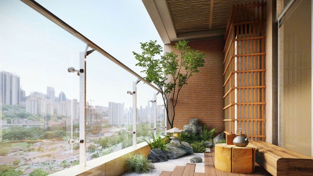 Tiểu cảnh ban công phong cách Wabi Sabi Zen Nhật Bản với bàn trà gỗ nguyên khối và đèn đá