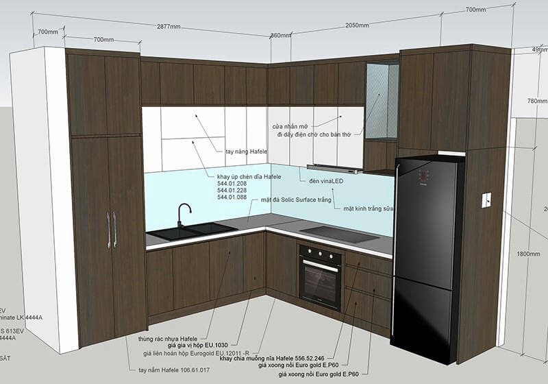 Bản vẽ thiết kế 3D không gian tủ bếp hiện đại do HanDi thực hiện