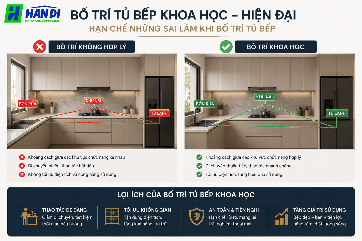 Bố trí tủ bếp khoa học giúp hạn chế những sai lầm khi bố trí tủ bếp
