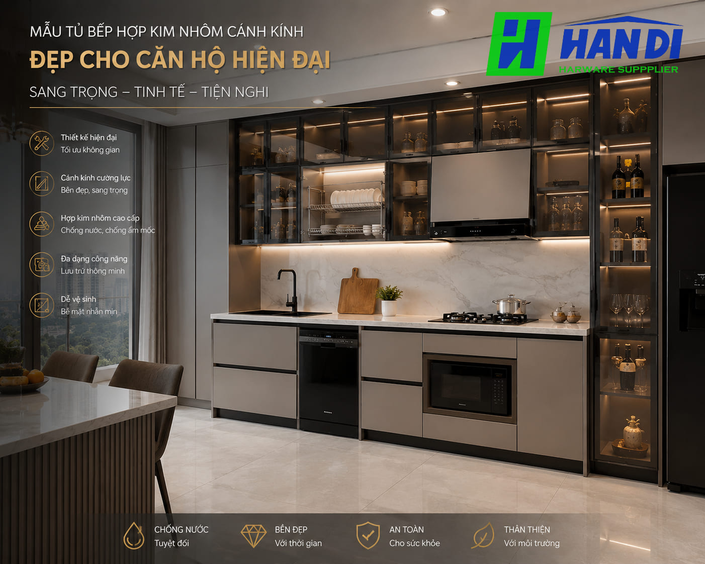 Thi công tủ bếp hợp kim nhôm cánh kính