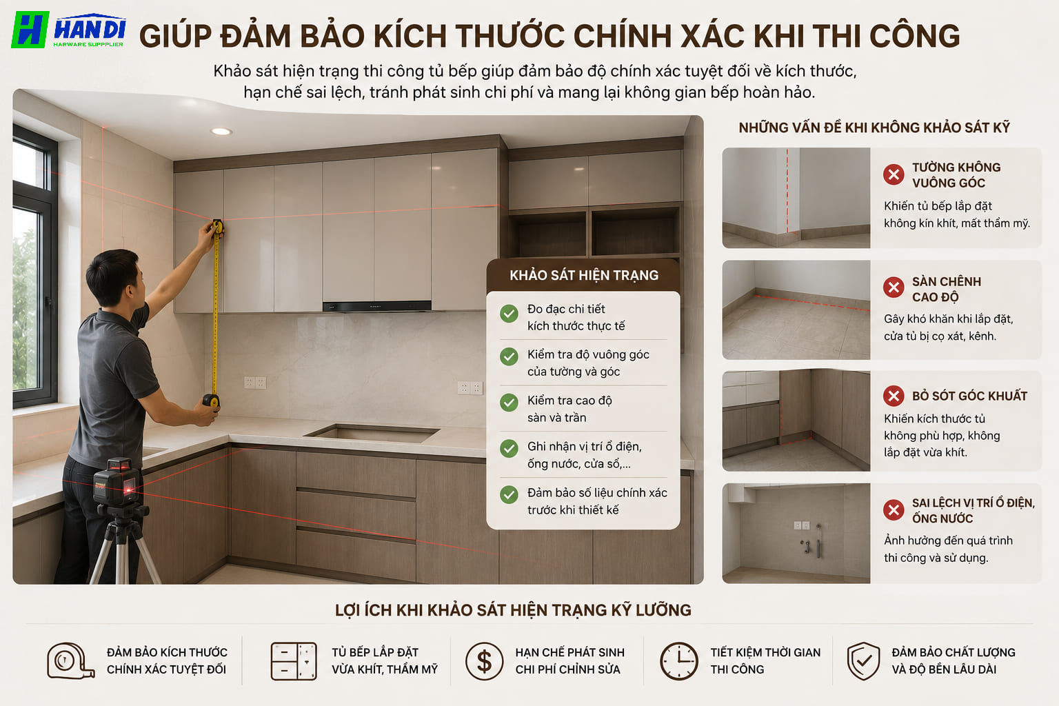 Đo đạc kích thước thực tế khi khảo sát hiện trạng thi công tủ bếp