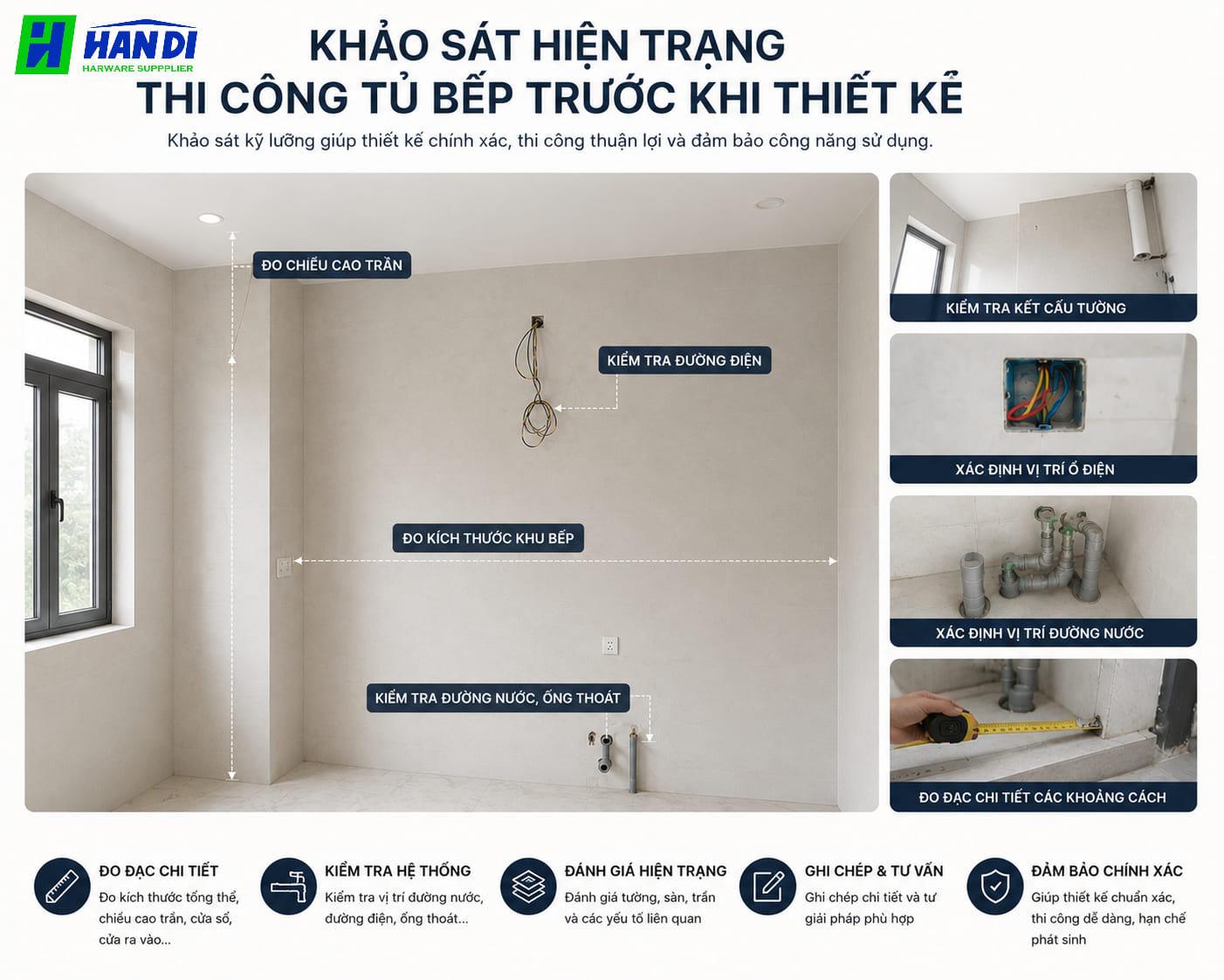Khảo sát hiện trạng thi công tủ bếp trước khi thiết kế