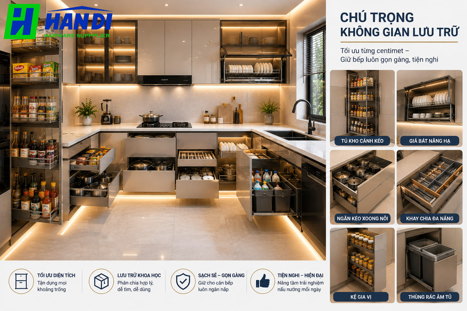 Không gian lưu trữ của tủ bếp hợp kim nhôm cánh kính HanDi