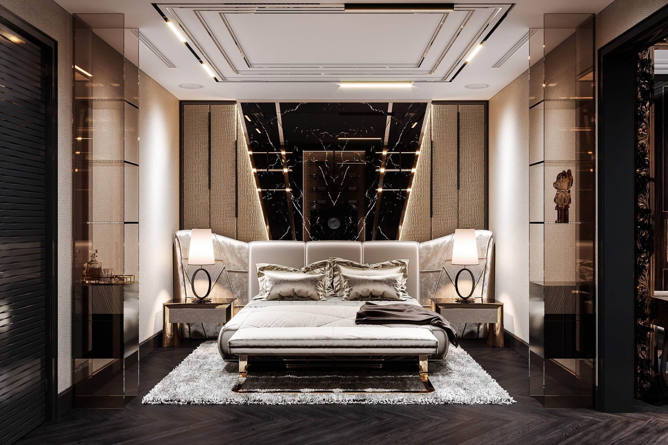 Thiết kế thi công phòng ngủ Master phong cách Modern Luxury xa hoa cho căn hộ Duplex Penthouse từ Cung ứng Nội thất Hân Di.