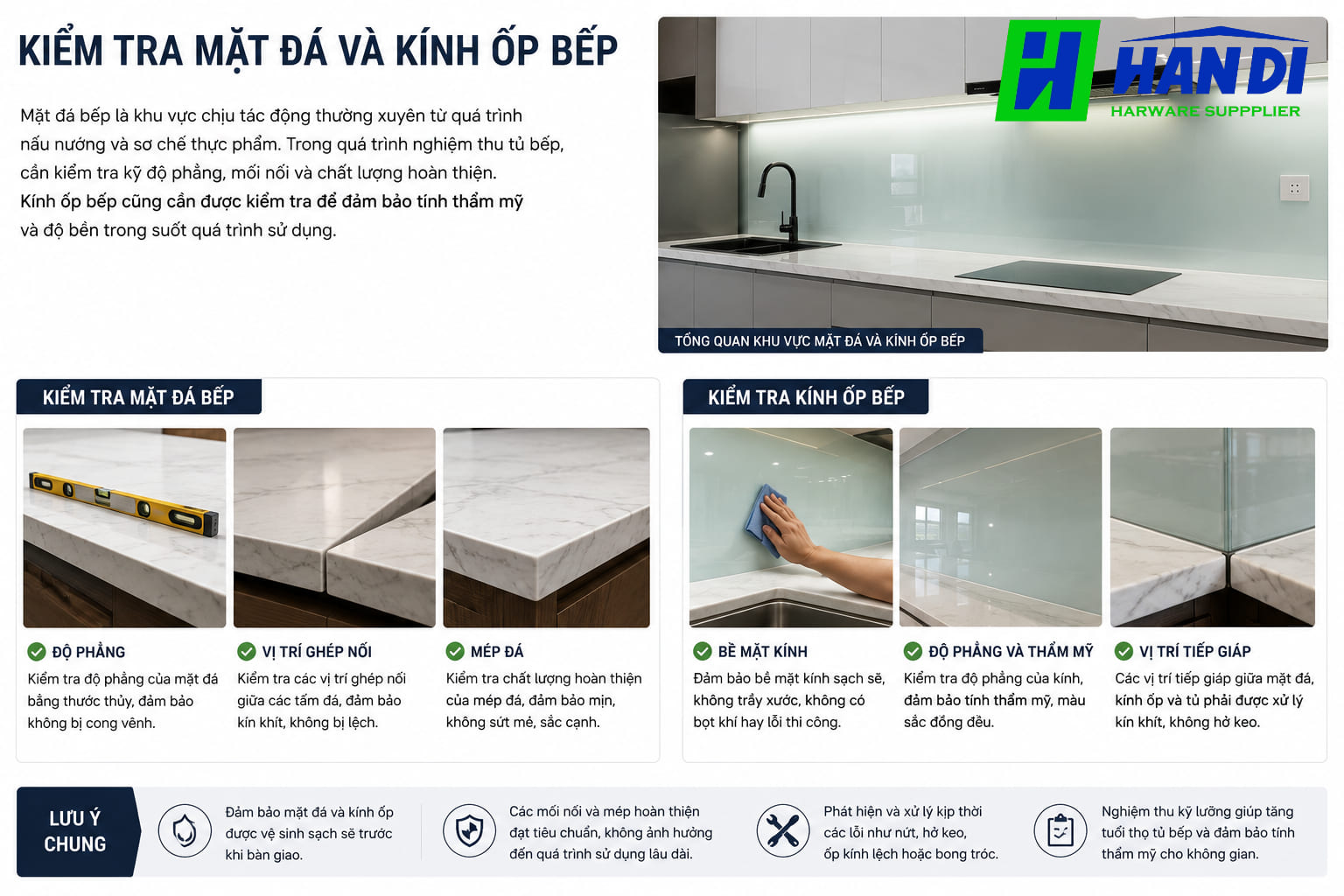 Kiểm Tra Mặt Đá Và Kính Ốp Bếp Của Tủ Bếp Inox Cánh Kính