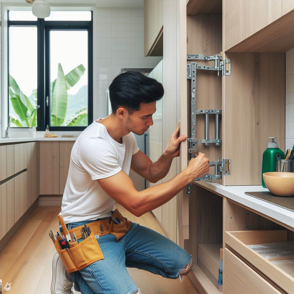 Đội ngũ thợ đang lắp ráp cố định các khoang thùng tủ bếp tại công trình