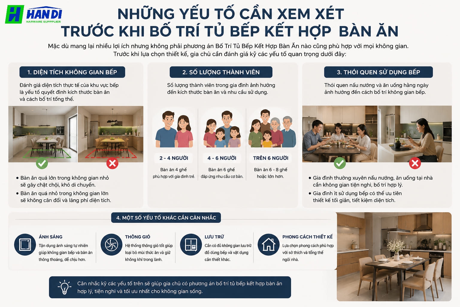 Những Yếu Tố Cần Xem Xét Trước Khi Bố Trí Tủ Bếp Kết Hợp Bàn Ăn