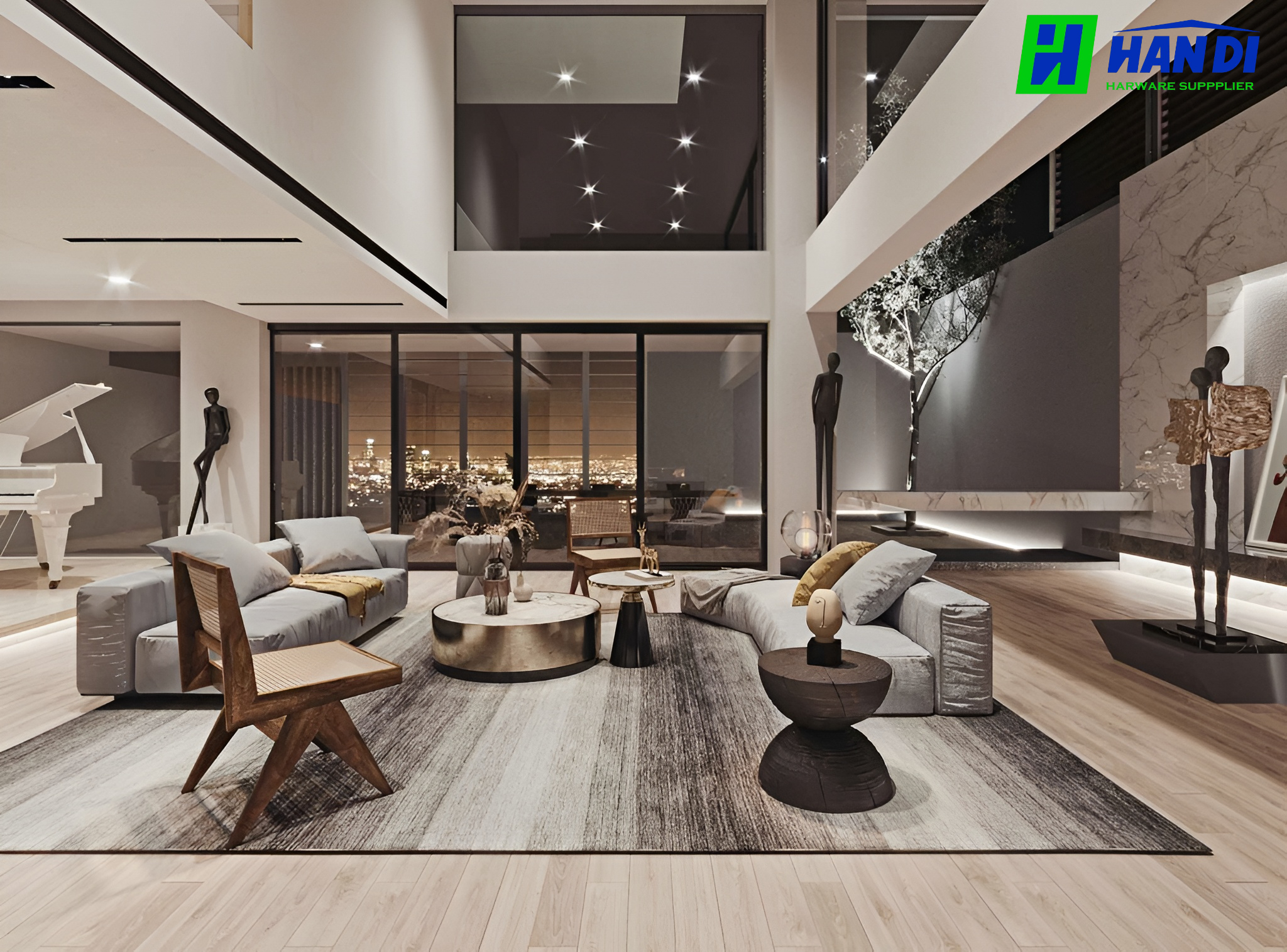 Thiết kế nội thất phòng khách thông tầng phong cách Modern Luxury tại Penthouse The Onyx Quận 7 với sofa xám, đàn piano