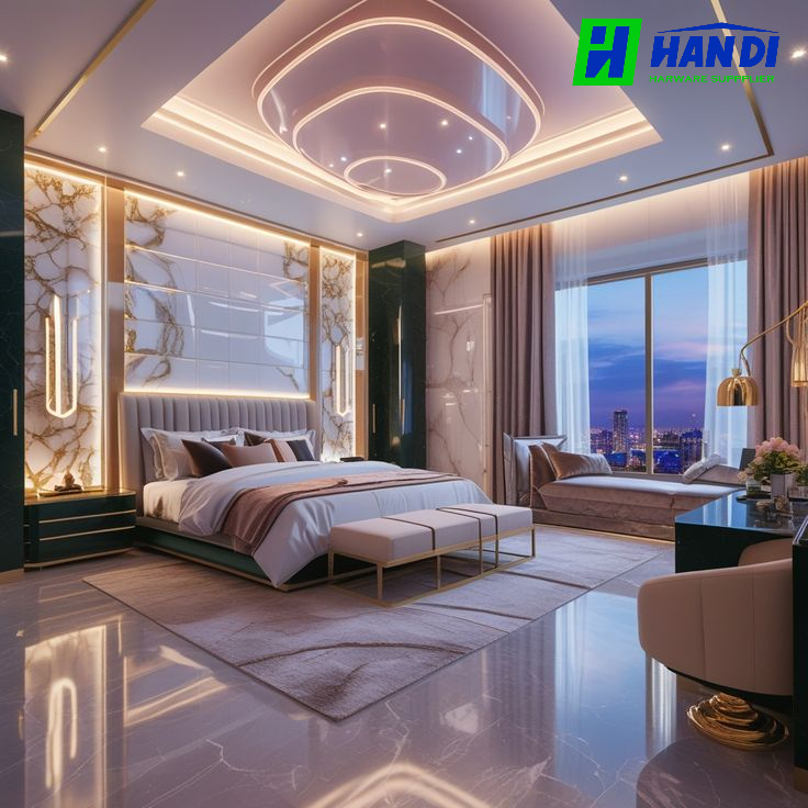 hiết kế nội thất phòng ngủ Master phong cách Modern Luxury tại Penthouse The Onyx với vách đầu giường ốp đá marble viền vàng, trần giật cấp bo tròn và view thành phố ban đêm.