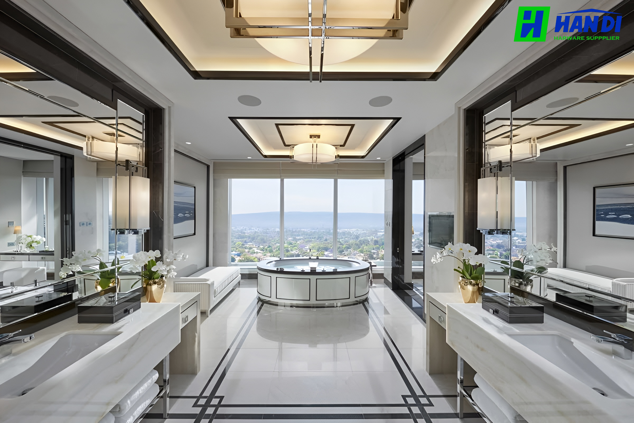 Thiết kế nội thất phòng tắm Master phong cách Modern Luxury tại Penthouse The Onyx với bồn sục Jacuzzi tròn, hệ lavabo đôi đối xứng và view thành phố panorama.