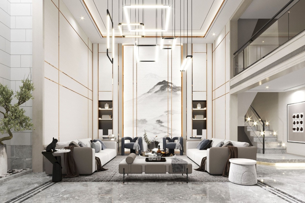 Thiết kế phòng khách thông tầng phong cách Contemporary Luxury sang trọng với bức tranh thủy mặc lớn và đèn thả trần nghệ thuật