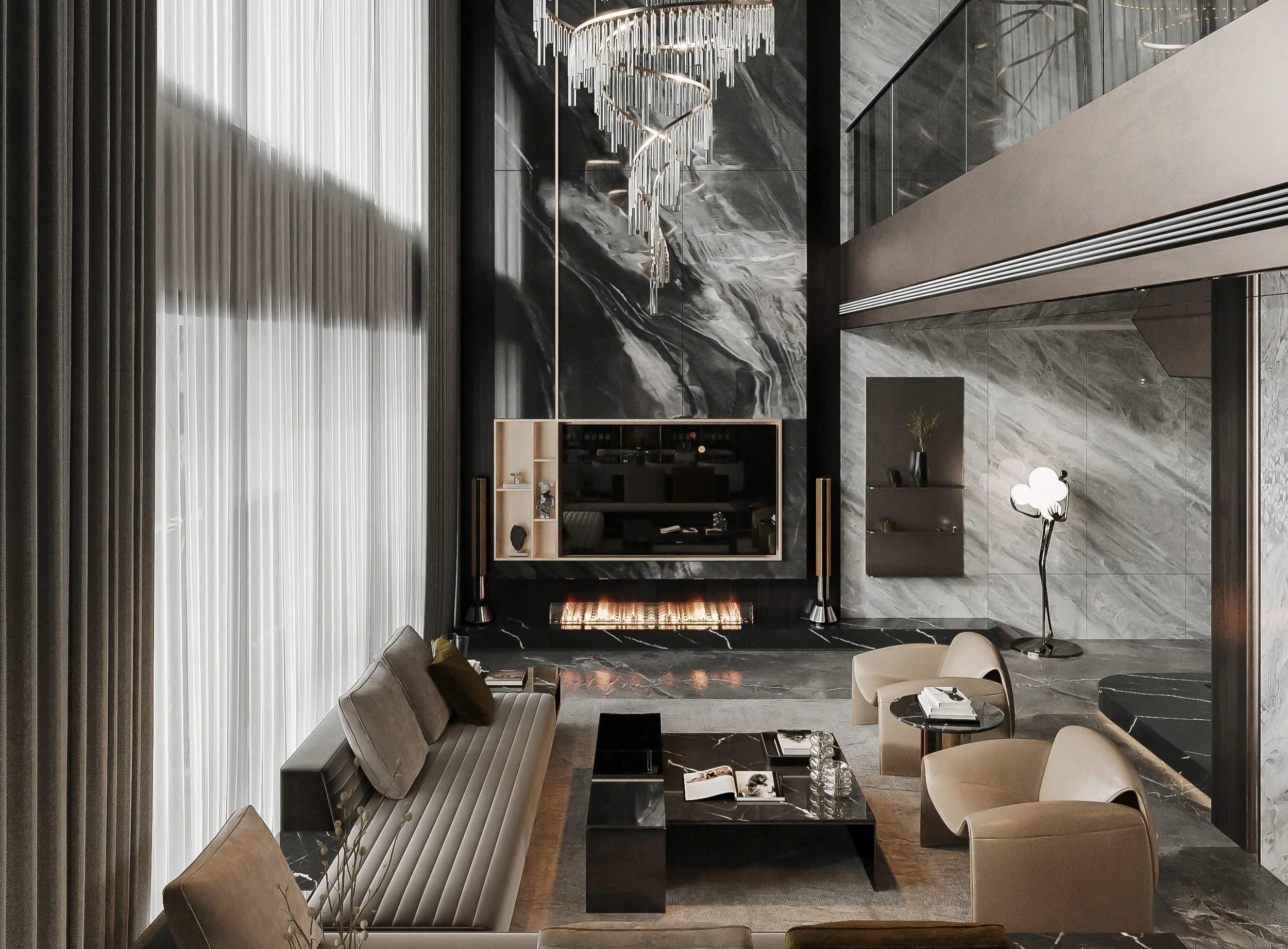 Thiết kế thi công trọn gói nội thất phòng khách thông tầng phong cách Modern Luxury xa hoa tại căn hộ Serenity Sky Villas từ Cung ứng Nội thất Hân Di.