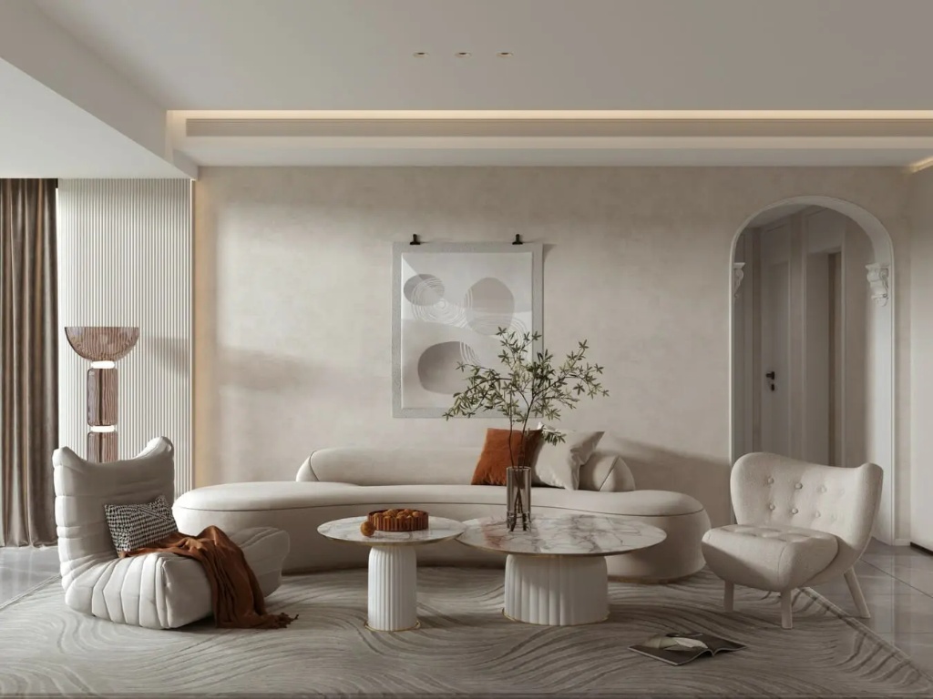 Phòng khách chung cư phong cách Wabi Sabi hiện đại với sofa cong màu kem và vách tường sơn hiệu ứng xi măng