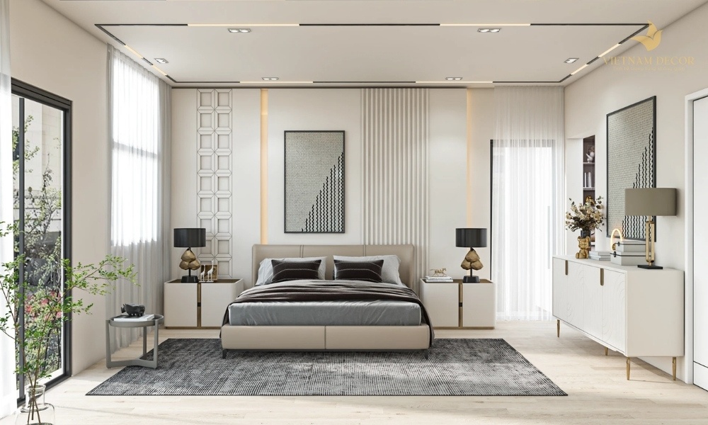 Thiết kế phòng ngủ của con phong cách đương đại với vách đầu giường ốp hình khối hình học và đèn ray nam châm