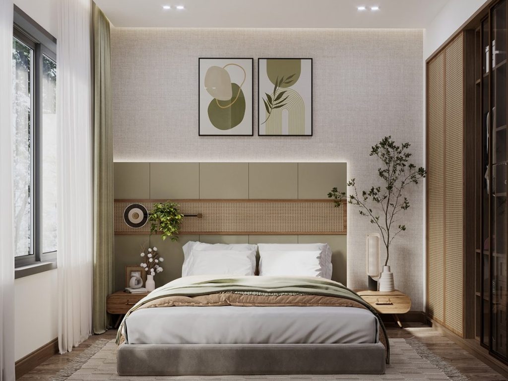 Thiết kế phòng ngủ cho con phối màu xanh bơ và trắng kem cùng hệ vách đầu giường mây đan