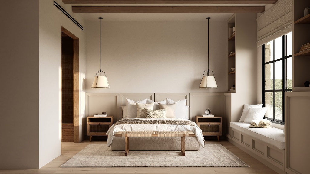 Thiết kế phòng ngủ Master phong cách Wabi Sabi với giường bệt kiểu Nhật và trần nan gỗ mộc mạc