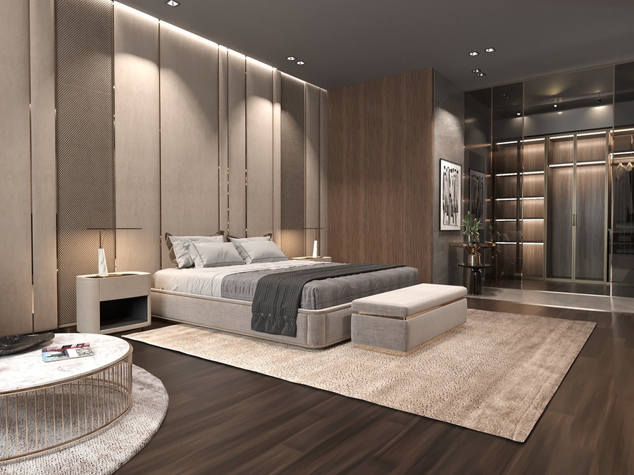 Phòng ngủ Master tầng áp mái đẳng cấp luxury với vách bọc da viền gold và hệ tủ quần áo cánh kính màu trà