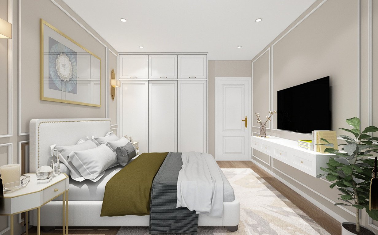 Nội thất phòng ngủ ông bà tông màu be ấm áp kết hợp phào chỉ tường tinh tế phong cách bán cổ điển