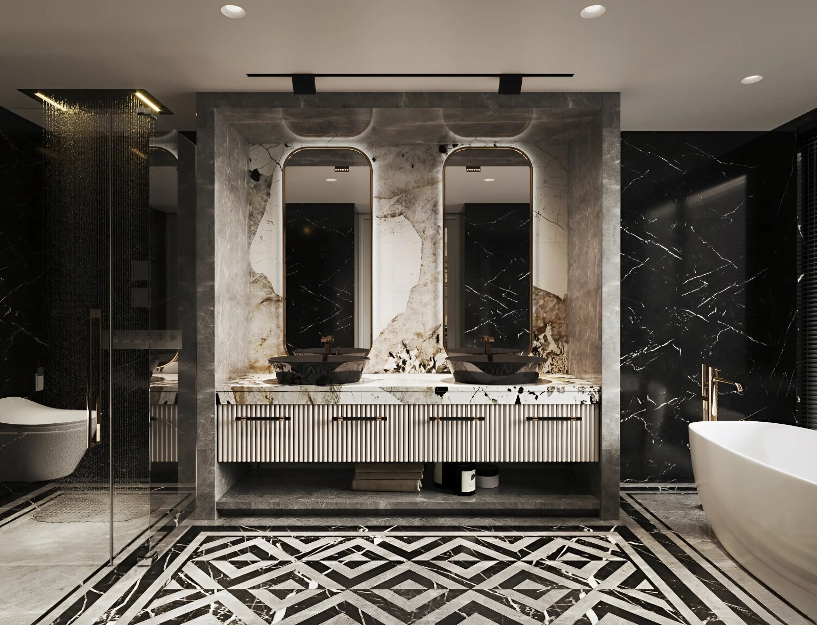 Thiết kế thi công phòng tắm Master siêu sang phong cách Modern Luxury cho căn hộ Duplex Penthouse từ Cung ứng Nội thất Hân Di.