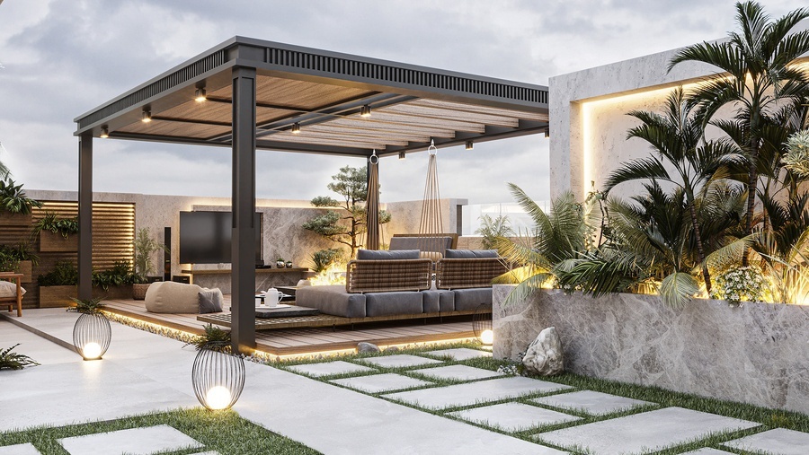 Khu vực sân thượng tiệc BBQ ngoài trời với chòi nghỉ pergola và hệ phản ngồi thư giãn bọc nệm xám