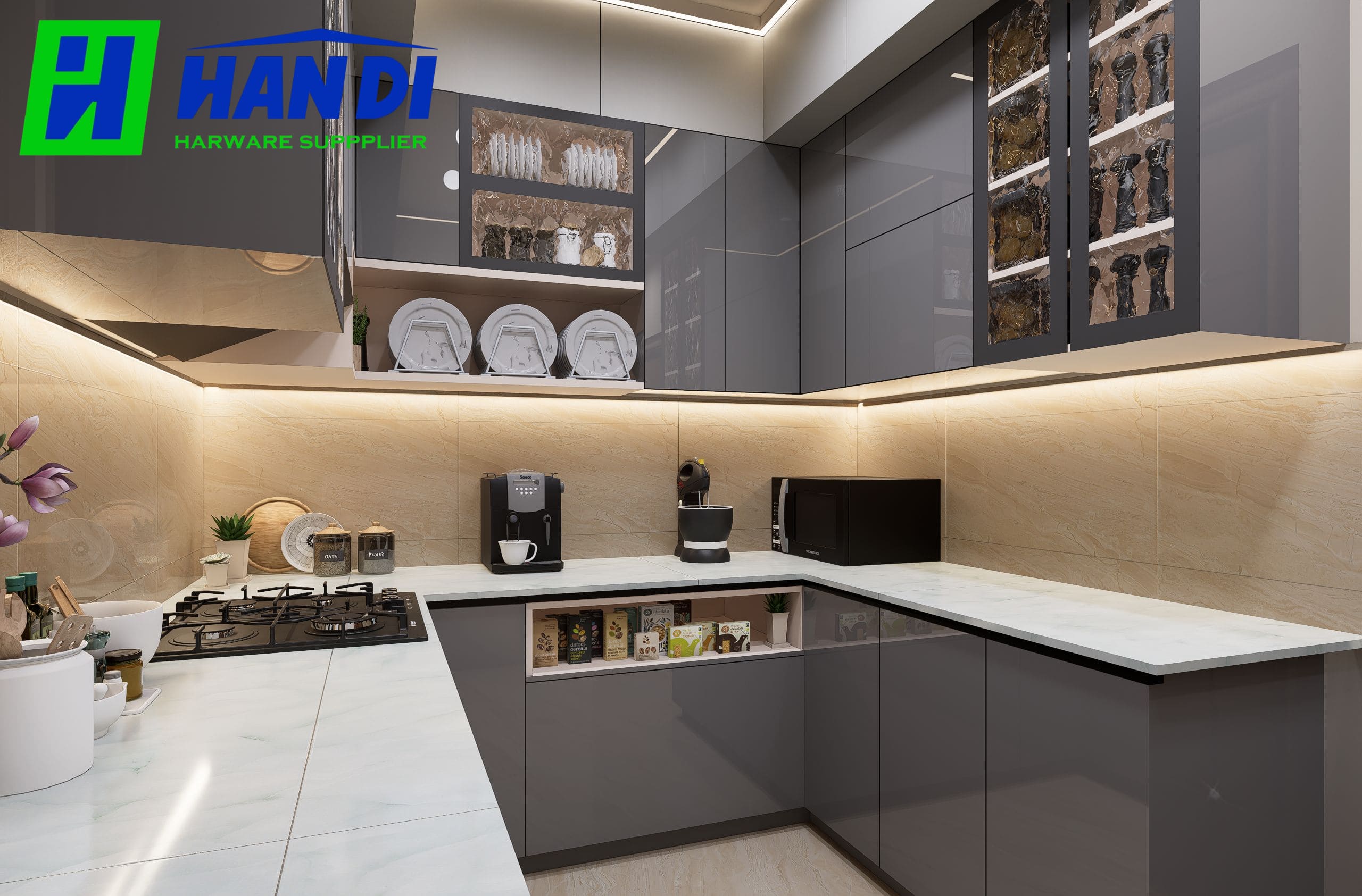 Tận dụng góc chết tủ bếp hợp kim nhôm cánh kính bằng giải pháp lưu trữ thông minh