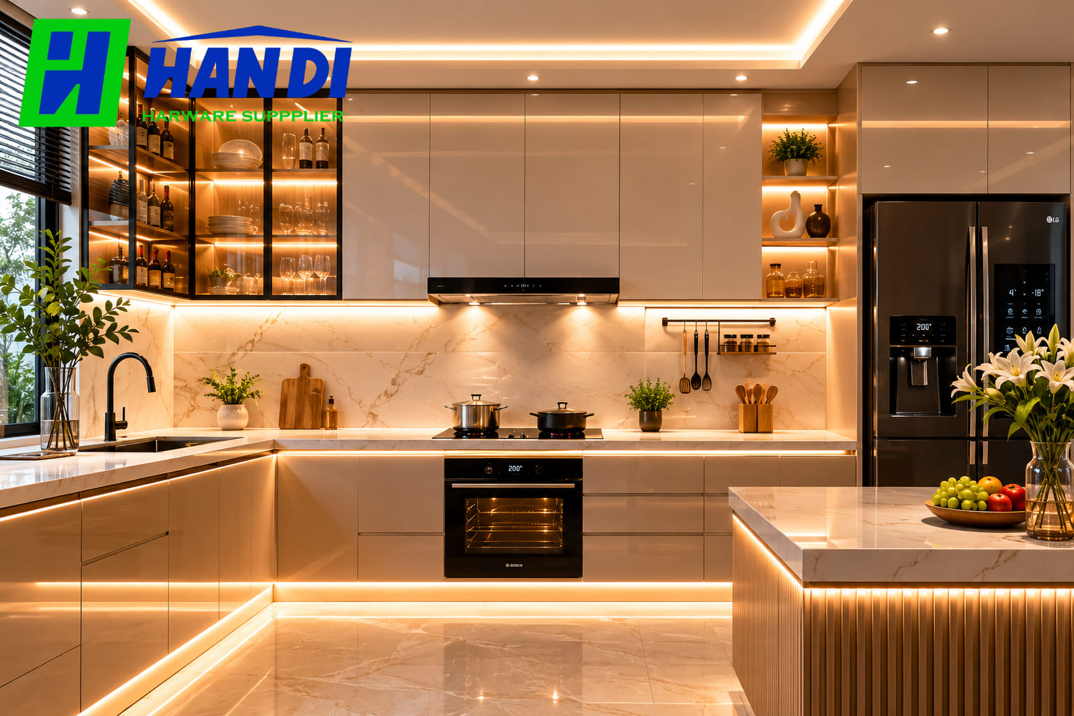 Thiết kế ánh sáng tủ bếp hiện đại với hệ đèn LED chiếu sáng tổng thể và đèn hắt dưới tủ