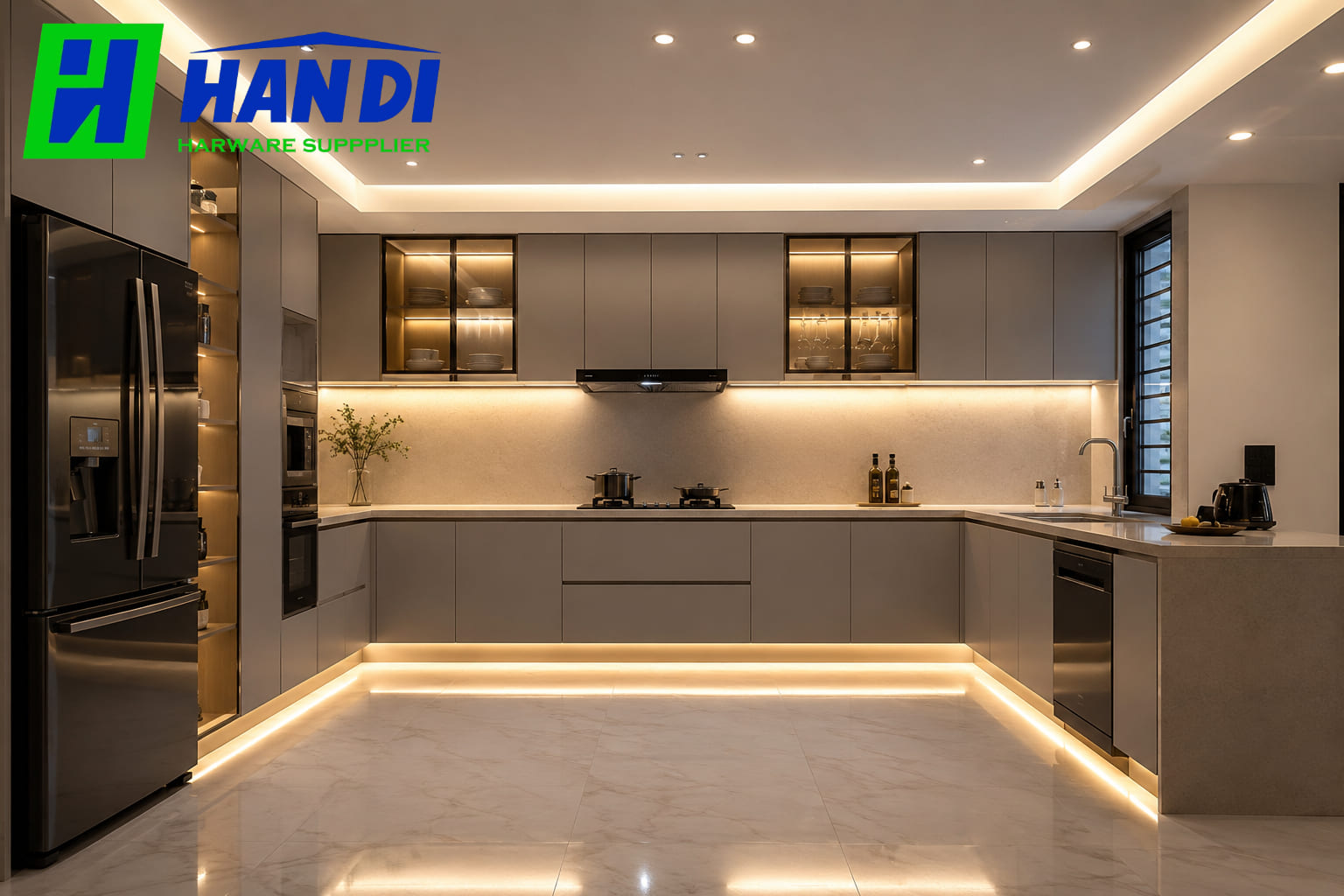 Thiết kế ánh sáng tủ bếp hiện đại với hệ đèn LED chiếu sáng tổng thể và đèn hắt dưới tủ