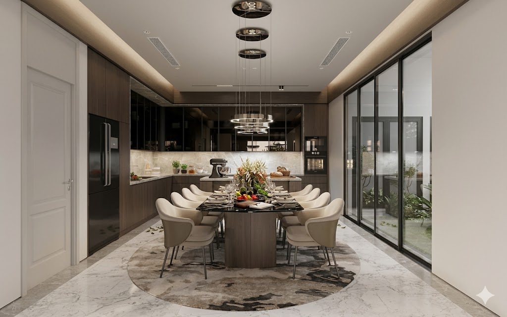Không gian phòng bếp hiện đại cao cấp với tủ gỗ màu trầm walnut, bàn ăn mặt đá đen và cửa kính lùa mở ra sân vườn