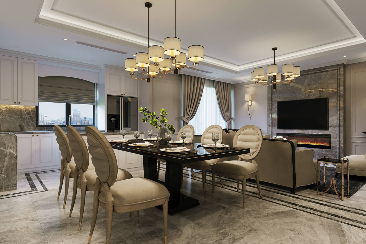 Thiết kế thi công trọn gói khu phòng ăn và tủ rượu tân cổ điển sang trọng cho biệt thự Quận 3 từ Cung ứng Nội thất Hân Di.