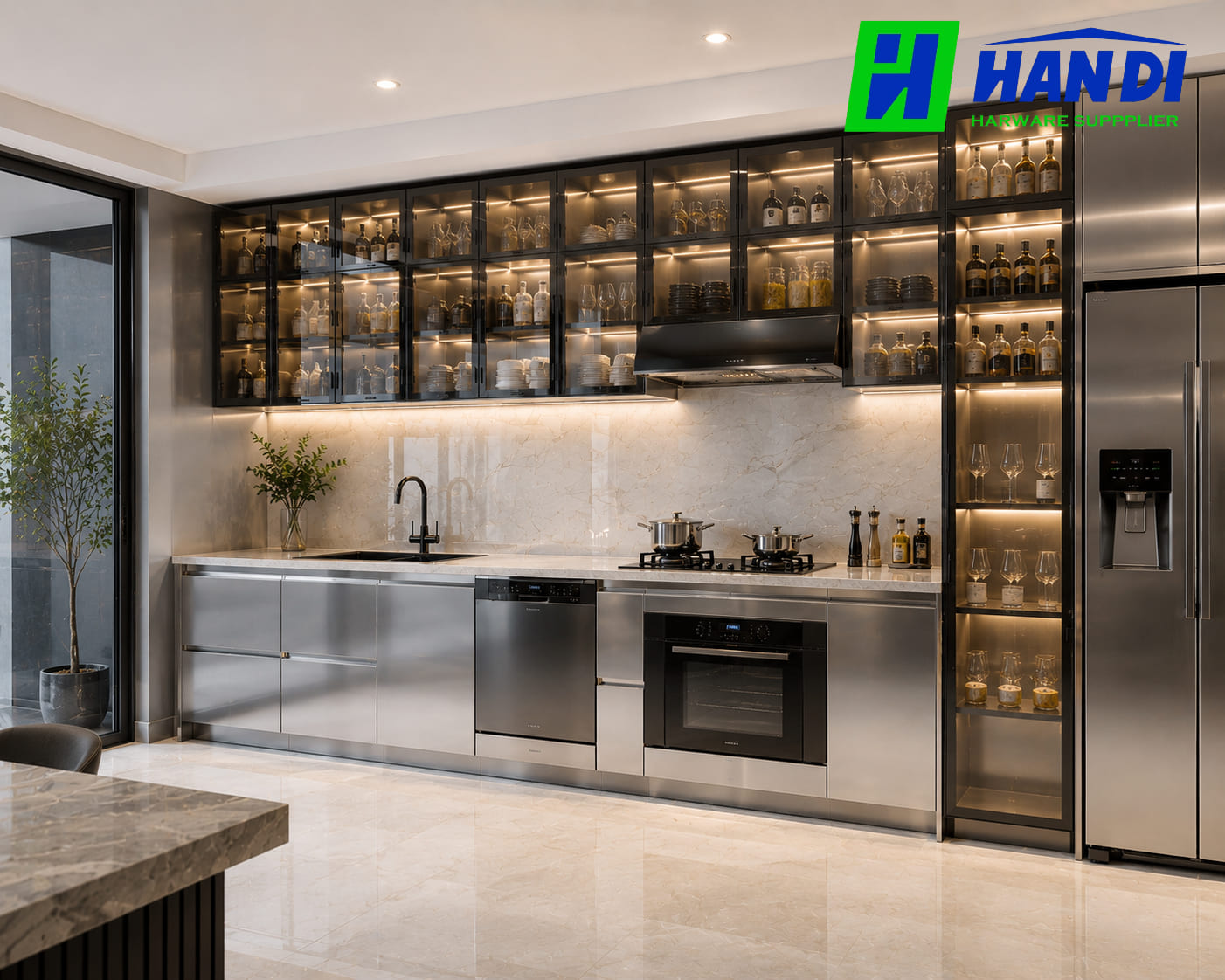 Thiết kế tủ bếp inox cánh kính hiện đại và sang trọng