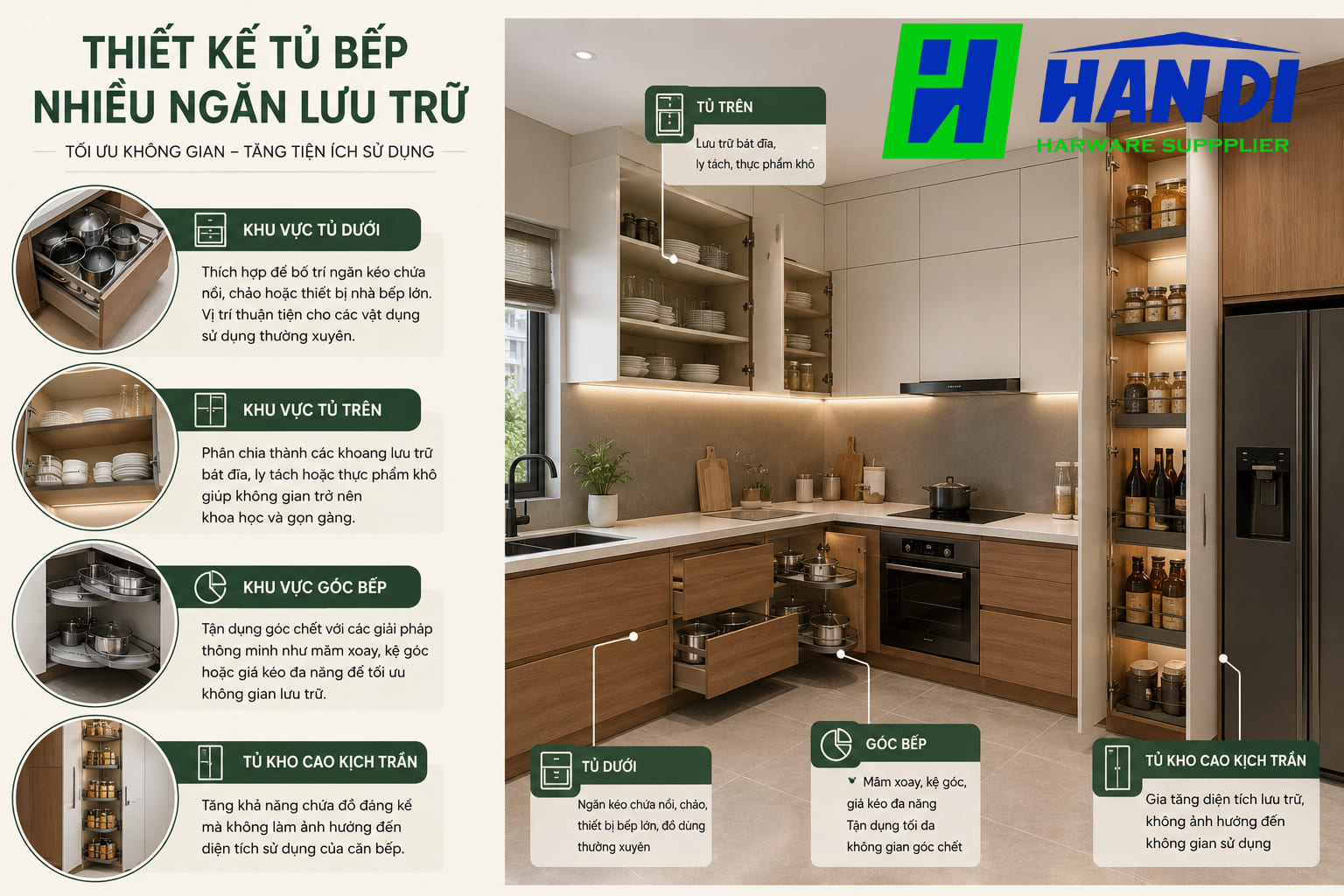 Thiết kế tủ bếp nhiều ngăn lưu trữ giúp tối ưu không gian sử dụng