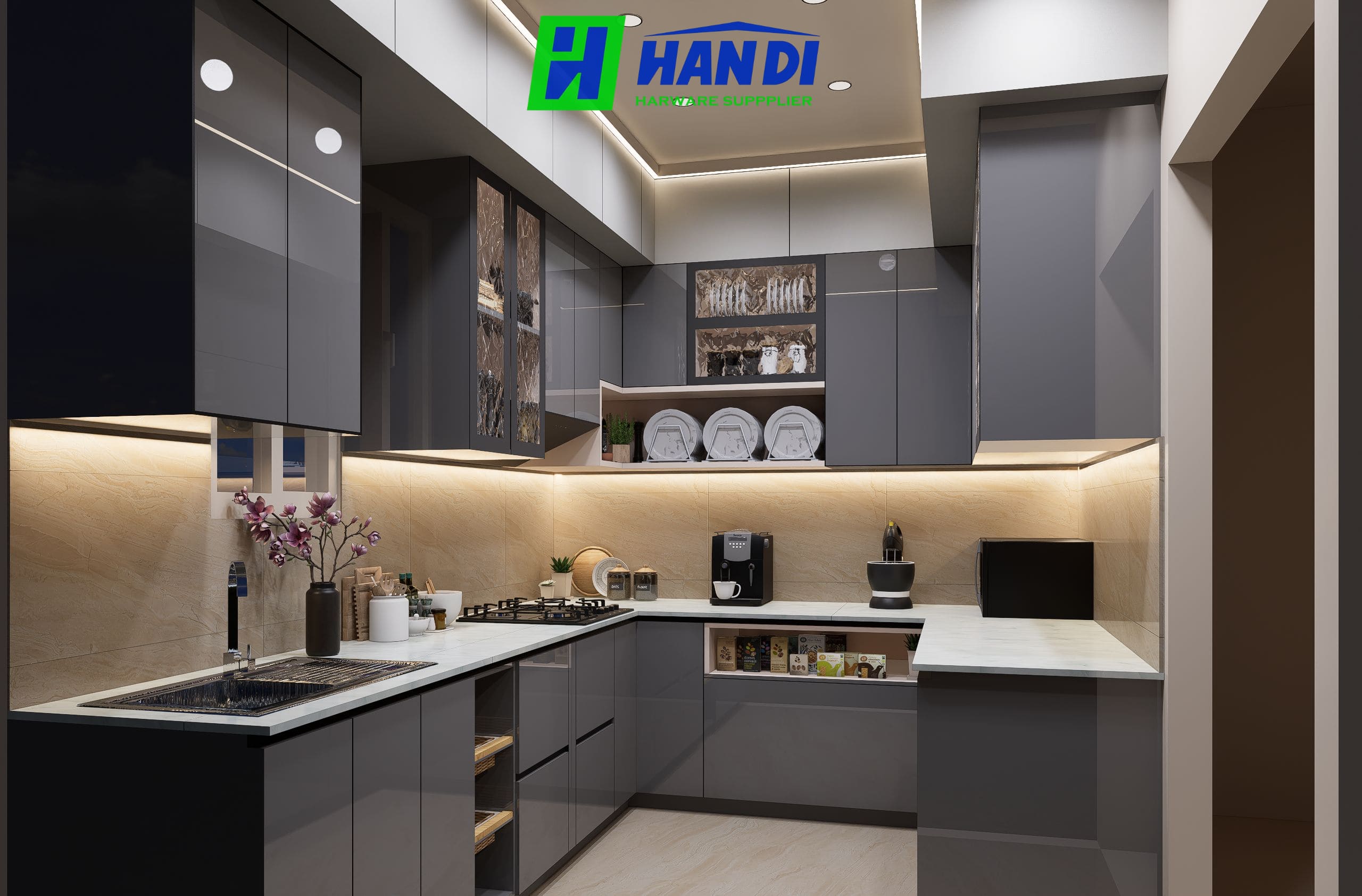 Tủ bếp hợp kim nhôm cánh kính màu xám mờ hiện đạI - CÔNG TY TNHH CUNG ỨNG NỘI THẤT HÂN DI