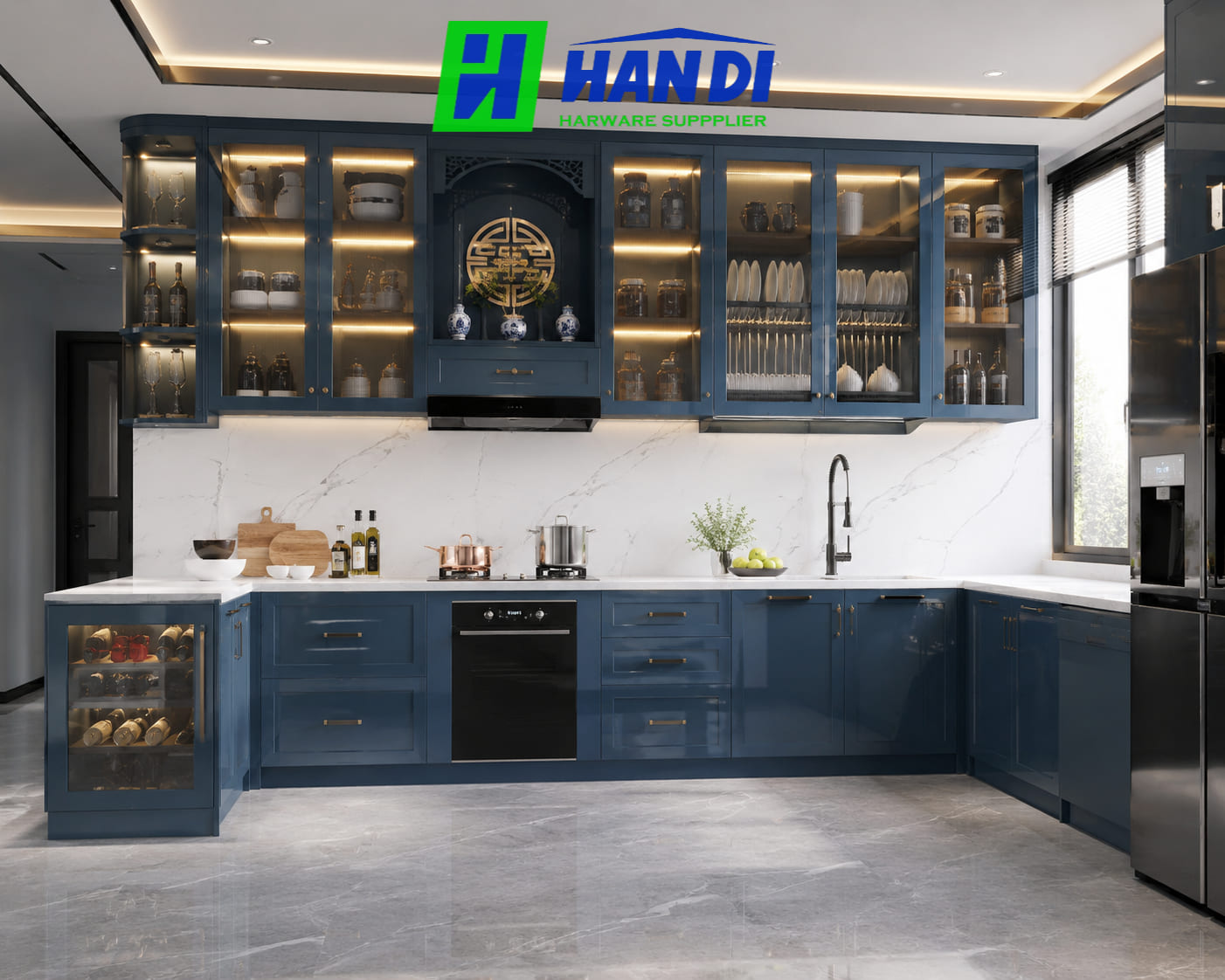 Tủ bếp hợp kim nhôm cánh kính màu xanh Indochi hiện đại - CÔNG TY TNHH CUNG ỨNG NỘI THẤT HÂN DI