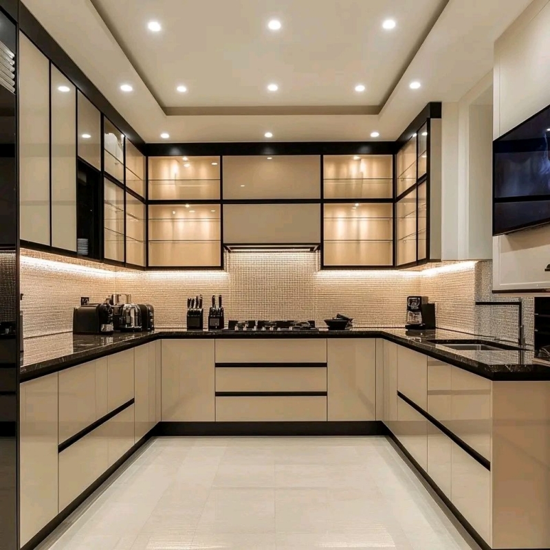 Thiết Kế Tủ Bếp Inox Cánh Kính Chữ U Sang Trọng HanDi