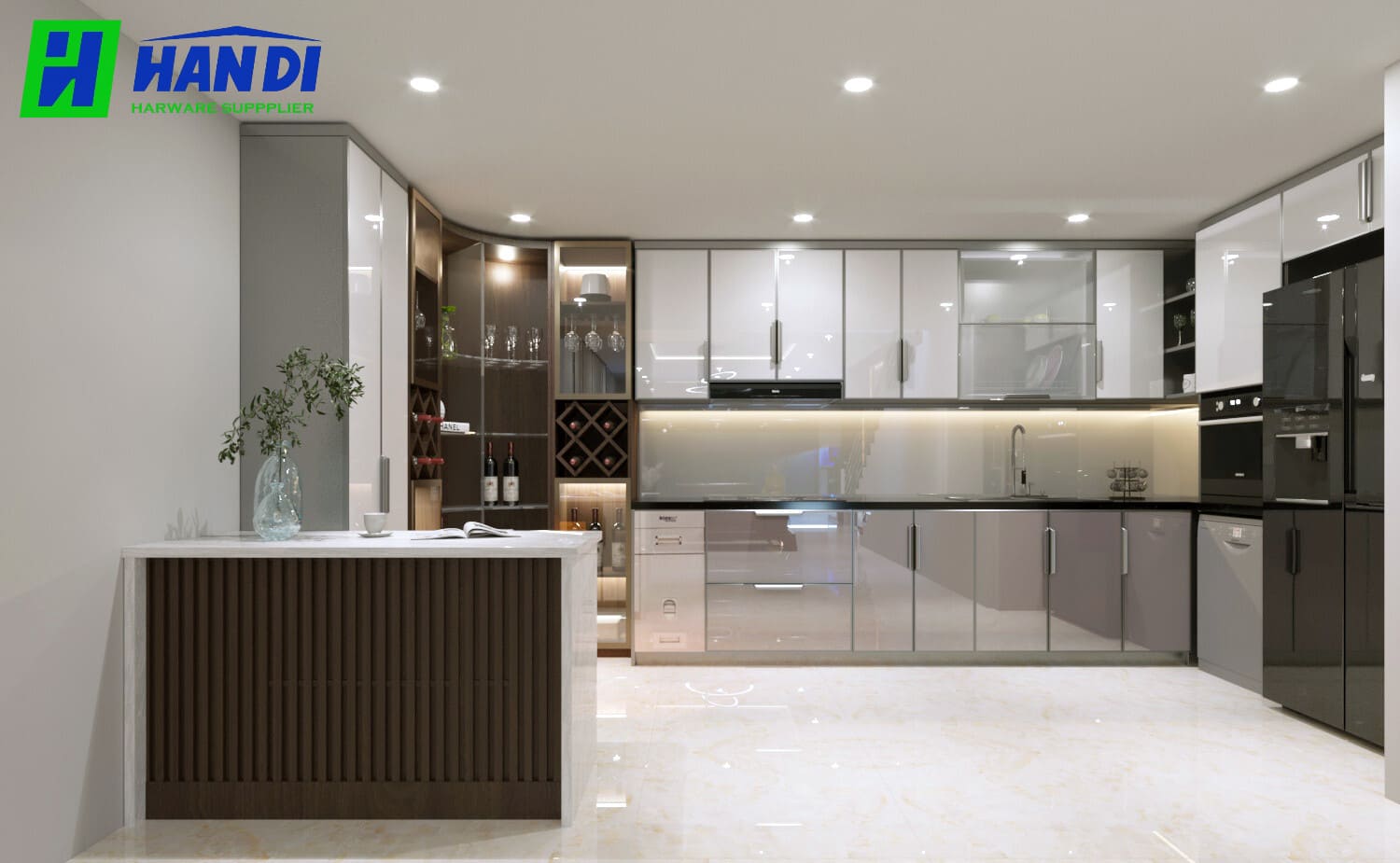 Tủ bếp inox cánh kính đẹp cho căn hộ hiện đại