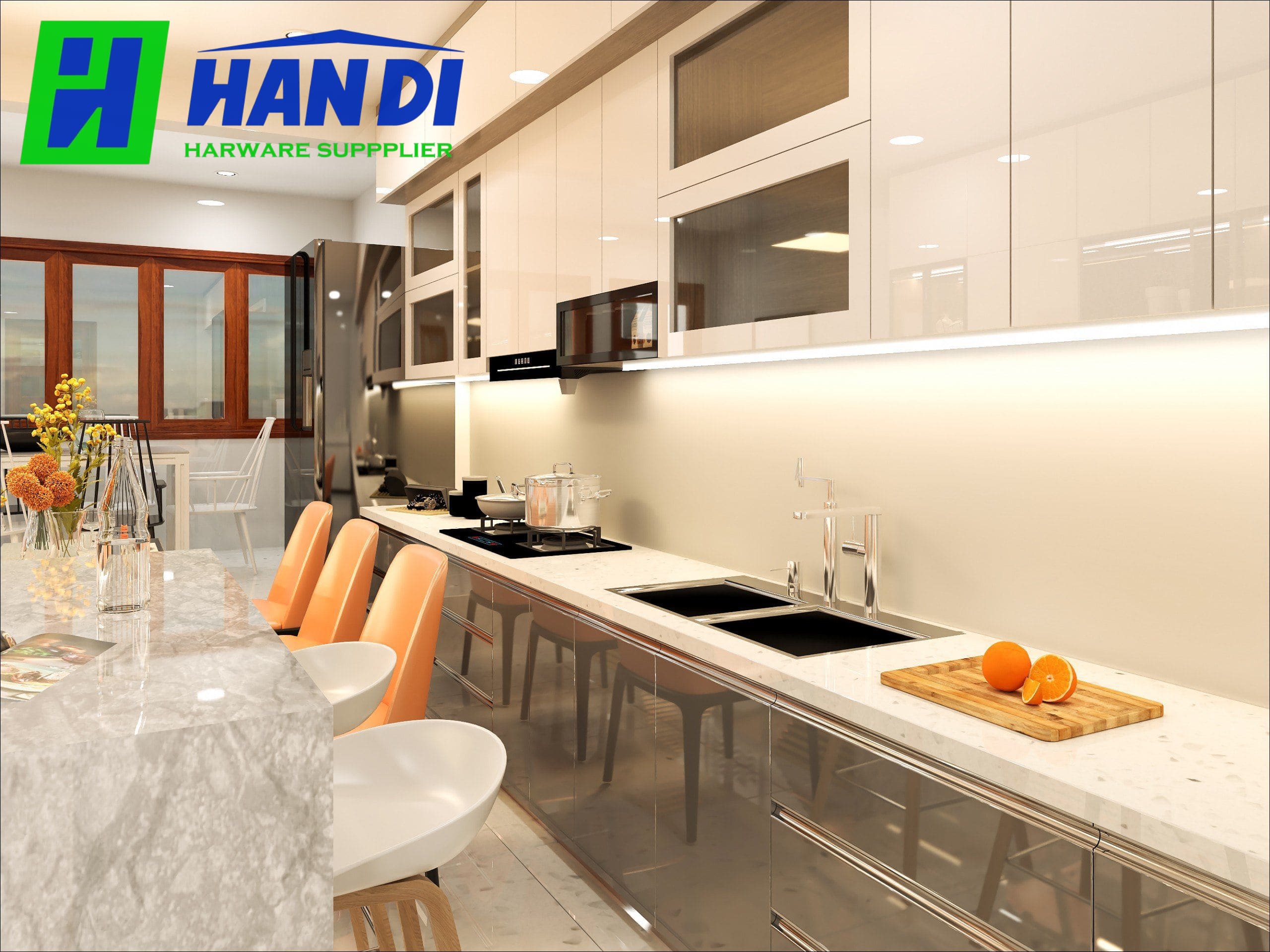Tủ Bếp Inox Cánh Kính Màu Sáng Cho Chung Cư - HANDI