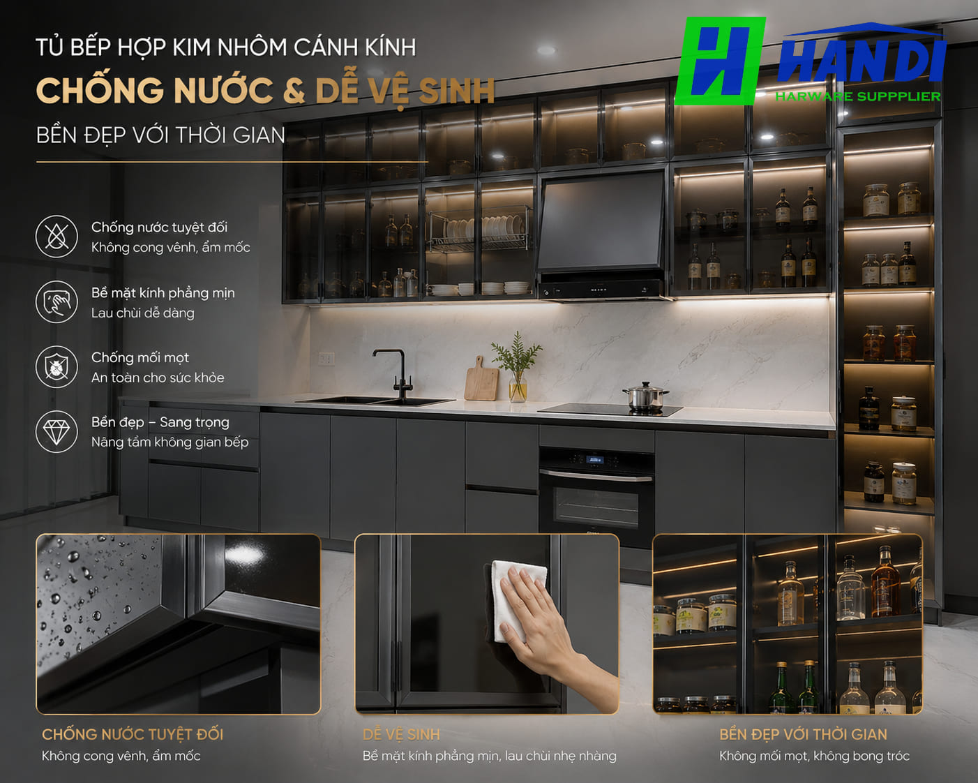 Thi công tủ bếp hợp kim nhôm cánh kính