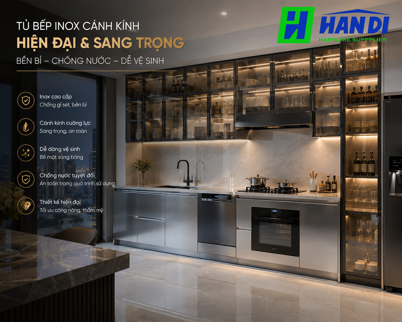 Ưu điểm của tủ bếp inox cánh kính hiện đại