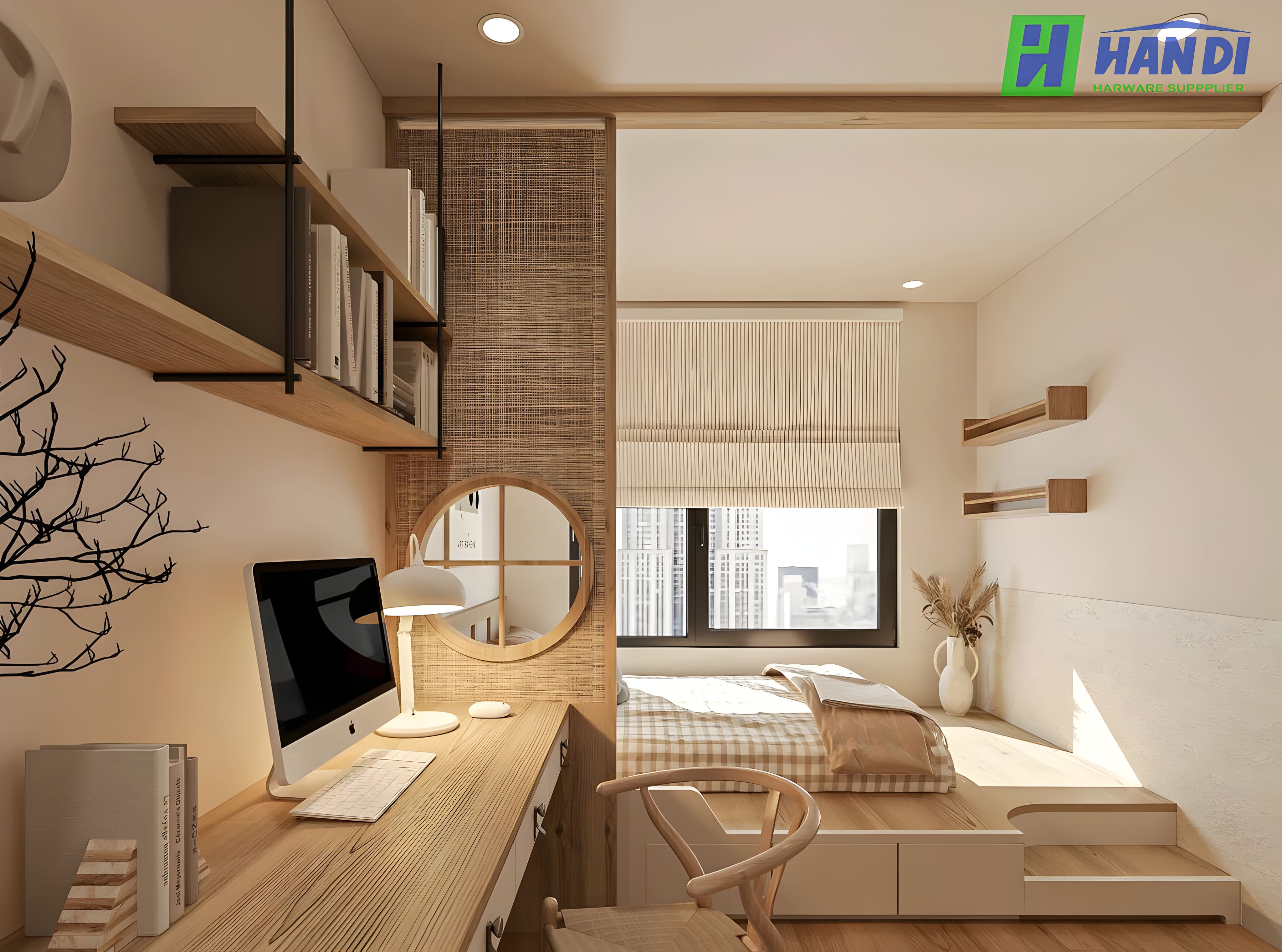 Thiết kế giường phản giật cấp bằng gỗ sồi tích hợp hộc kéo lưu trữ thông minh cho căn hộ nhỏ 45m2.