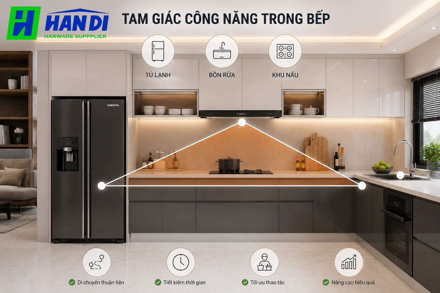 Vị trí tủ lạnh trong bố trí tủ bếp hợp kim nhôm cánh kính