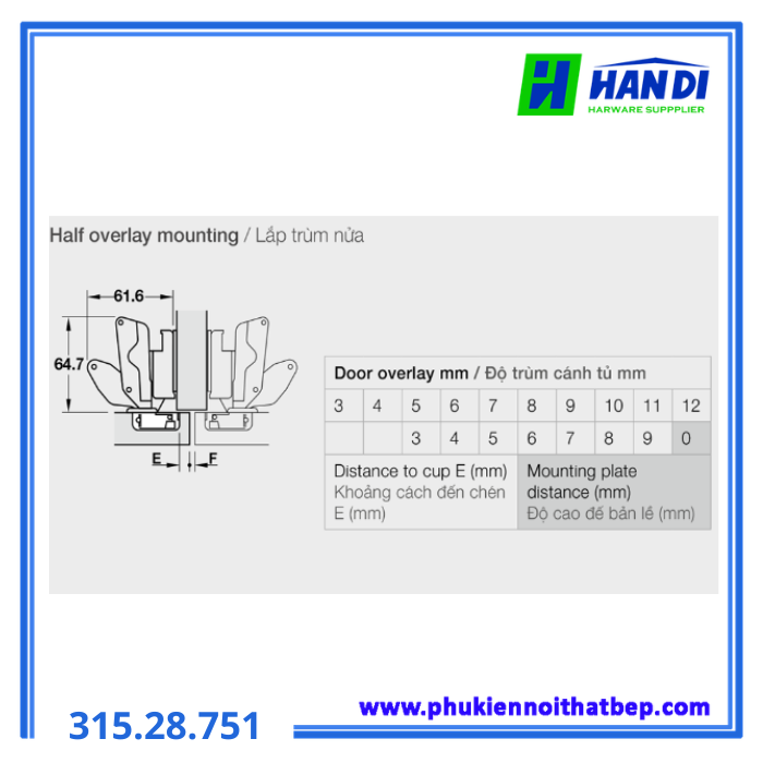 Bản lề Metalla SM 165 độ trùm nửa đen HAFELE 315.28.751