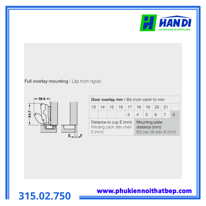 Bản lề Metalla SM 165 độ trùm ngoài HAFELE 315.02.750